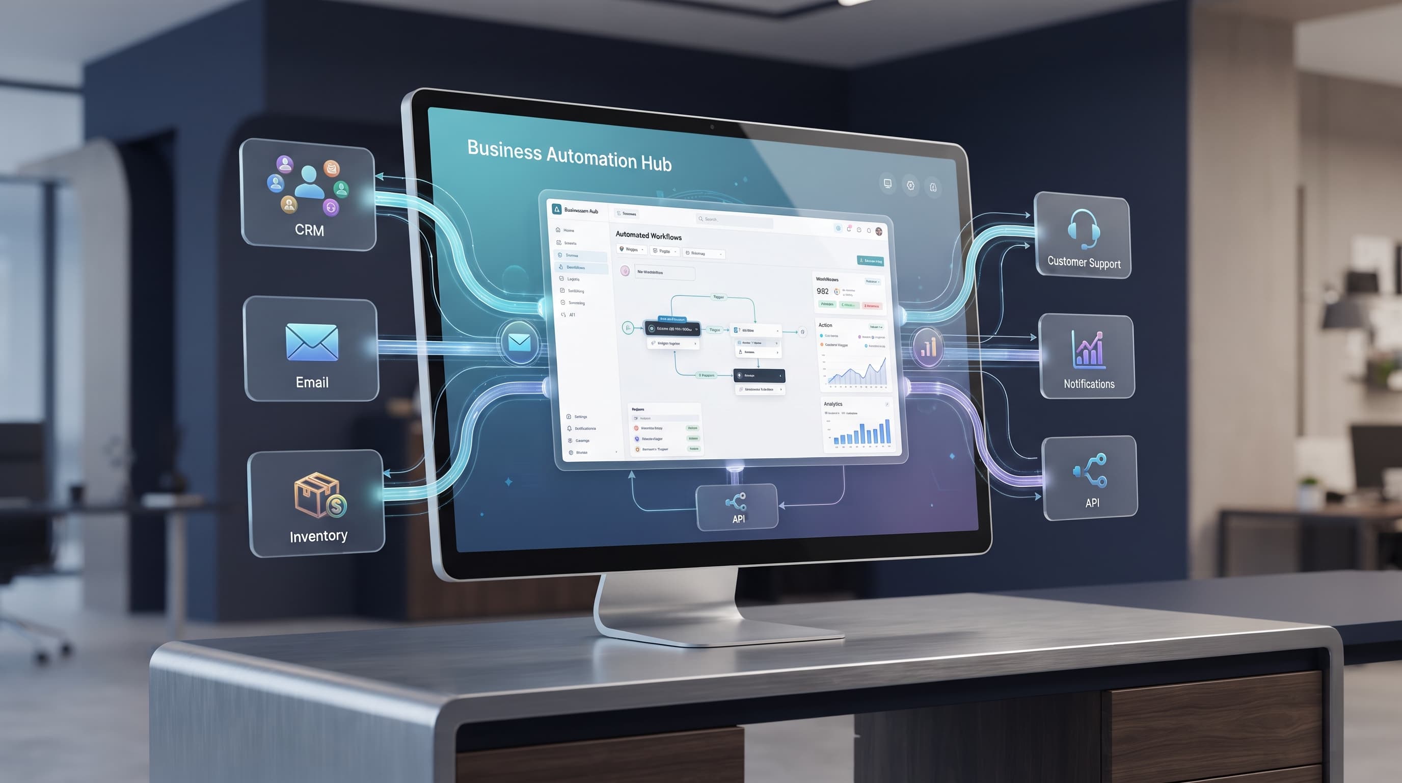 Business Automation Hub — connected workflow automation concept